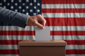 A voter's hand casting a ballot with the American flag in the background.Patriotic Duty: Voting in America. 