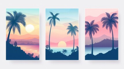 Summer tropical backgrounds set with palms, sky and sunset. Summer placard poster flyer invitation card. Summertime - obrazy, fototapety, plakaty