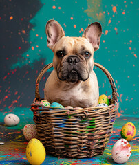 Funny cute animal concept of a small dog that is in the process of painting Easter eggs, colorful creative atmosphere with a pet, festive spirit and joy of spring.