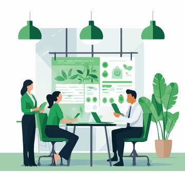 green-sustainable office with businessmen working and presentation, esg, green economy and green finance