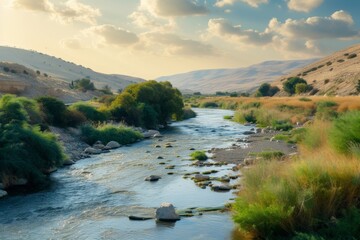 A serene landscape with the Jordan River flowing gently, symbolizing baptism and spiritual rebirth in biblical stories.