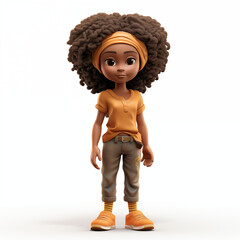 Smiling afro girl in casual clothes. 3d full body character isolated on white background.