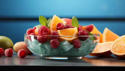 Fresh fruit salad on wooden table, a healthy summer snack generated by AI