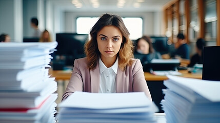 A stressed Young business woman, office workers people working with stacks of papers