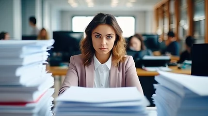 Fotobehang A stressed Young business woman, office workers people working with stacks of papers ©  Mohammad Xte