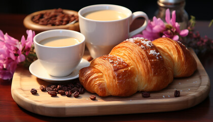 Fresh croissant and coffee on wooden table, a delightful breakfast generated by AI