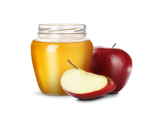 Honey in glass jar and apples isolated on white
