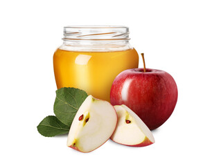 Honey in glass jar and apples isolated on white