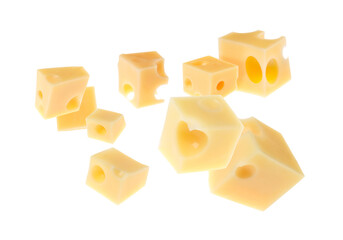 Pieces of cheese flying on white background