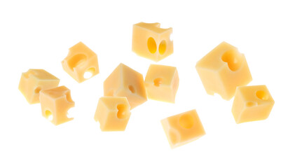 Pieces of cheese flying on white background