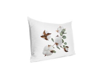 Soft pillow with printed cotton flowers and leaves isolated on white