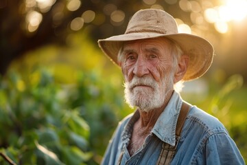 An elderly experienced farmer with a weathered face - obrazy, fototapety, plakaty
