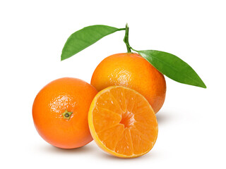 Fresh ripe tangerines and green leaves isolated on white. Citrus fruit