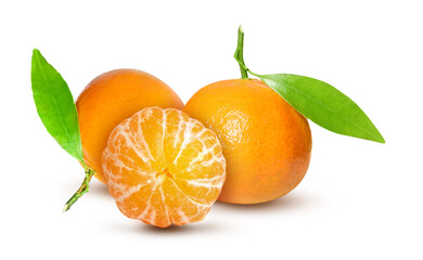 Fresh ripe tangerines and green leaves isolated on white. Citrus fruit
