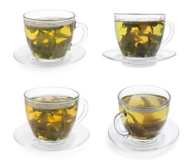 Green tea in glass cups and leaves isolated on white, set