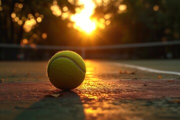 A tennis ball on a court with the sun setting in the background, creating a dramatic lighting effect.
