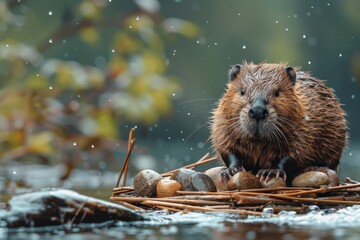 A curious beaver explores a basket of rocks in the water, surrounded by the beauty of nature and the freedom of the great outdoors - obrazy, fototapety, plakaty