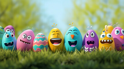 Easter egg character. Cute adorable and smiling easter background. Animated Easter eggs with joyful expressions in spring grass. - obrazy, fototapety, plakaty