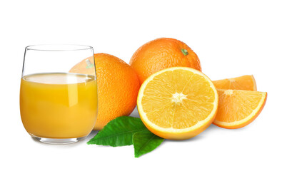 Fresh orange juice in glass and juicy citrus fruits isolated on white