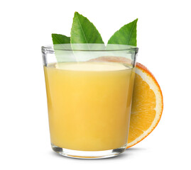 Fresh orange juice in glass and juicy citrus fruit isolated on white