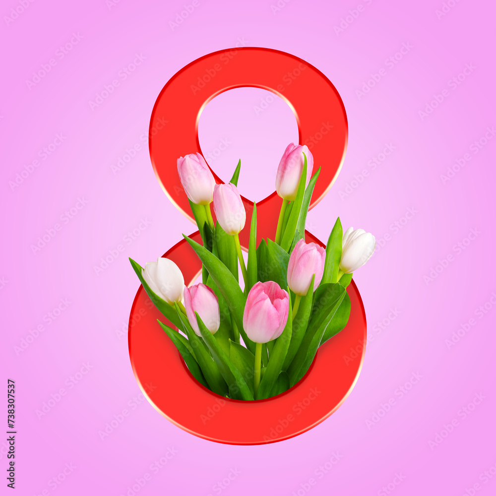 Wall mural march 8 - international women's day. greeting card design with number 8 and flowers on pink backgrou