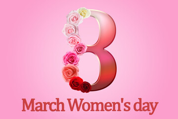 March 8 - International Women's Day. Greeting card design with number 8 and flowers on pink background