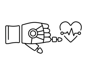 Robot hand pointing with index finger or touching heart with cardiogram. Vector isolated line icon. Symbol of modern medical technologies.