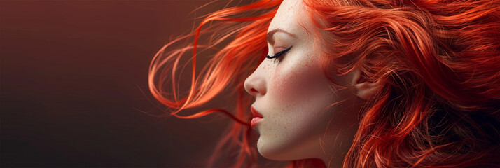 Fototapeta na wymiar Beautiful background with red hair, copy space .Artistic rendition of a woman with fiery red hair flowing in a windblown style.