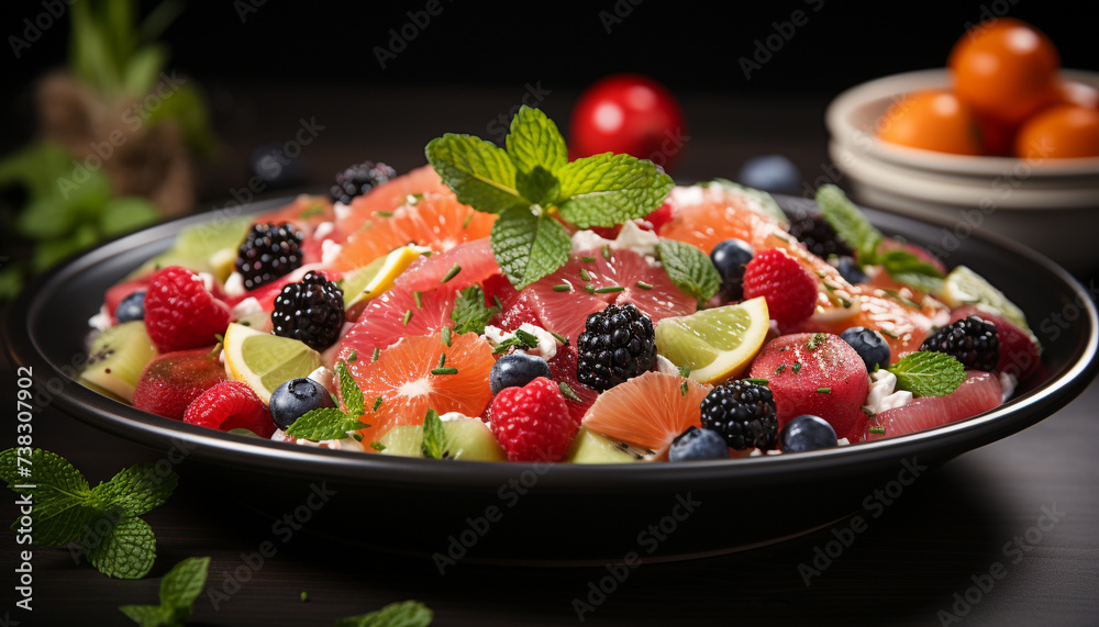 Wall mural fresh fruit salad with blueberries, raspberries, and mint leaves generated by ai