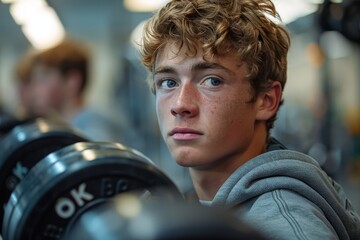 A freckled boy in a grey sweatshirt, gripping a black dumbbell, embodies the determination and strength of the human spirit, channeling it into his indoor sport of choice