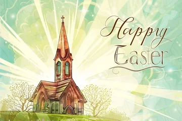 Deurstickers : A vintage-inspired Easter card with a classic illustration of a church steeple and stained glass window bathed in warm sunlight, accompanied by a heartfelt "Happy Easter" message © GraphicXpert11