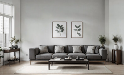 Interior of a white modern cozy living room with indoor plants. Living room with sofa, coffee table and interior items