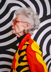 Modern fun elegant older woman eccentric vivid fashion style that expresses youthful spirit. Grandma is a fashion icon.