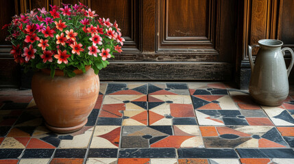 A closeup of a traditional geometric pattern made of marble and terracotta tiles adding oldworld charm to this entryway.