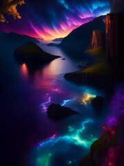 fantasy landscape with aurora, quiet paradise, fantastic world, mystery lake, wallpaper for Cell Phone, Smartphone, Cellphone, Computer and Tablet, Wall Art for Home Decor