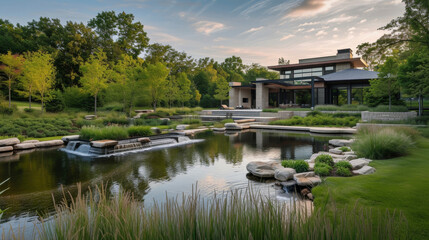 Fototapeta premium A true masterpiece of design this private residence incorporates sculpted earthworks to seamlessly blend the natural surroundings with the modern structure. A tranquil pond