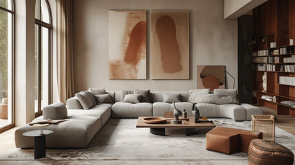 A stylish and contemporary living room with a modular sofa, abstract art on the walls, and a statement coffee table