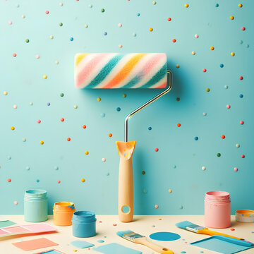 one single Paint roller with colorful paint on it against pastel blue background
