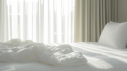 White folded duvet on bed background for winter season preparation, household, hotel or home textile