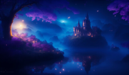 fantasy landscape with castle and moonlight, forest in the dark night, waterfall and lake, quiet paradise, fantastic mystery, wallpaper for Cell Phone, Smartphone, Computer and Wall Art for Home Decor