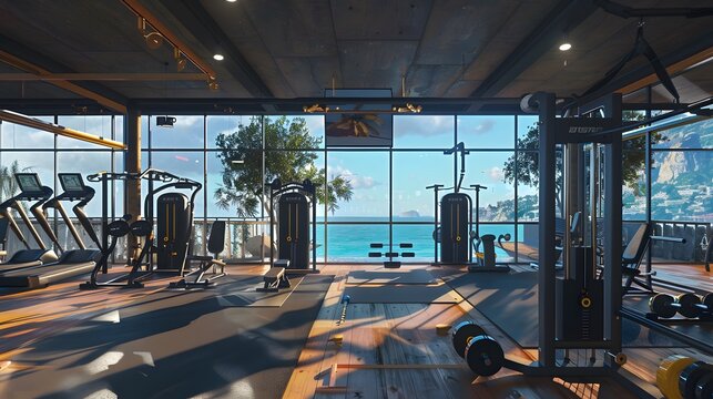 an image of a modern fitness studio with floor-to-ceiling windows overlooking a tranquil ocean view, featuring top-of-the-line equipment and personalized training sessions.