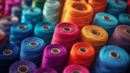 A close-up of a meticulously organized collection of colorful yarn spools in a crafting room