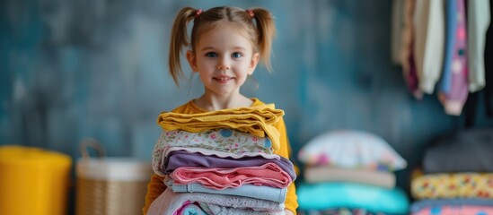 Cute child helping with clothing, holding messy stack of items for house chores. Web banner.