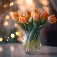 a bouquet of beautiful spring flowers in a glass jar with bokeh background. a beautiful fresh bouquet of orange red tulips 
