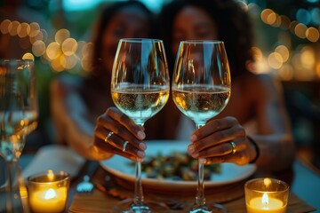 An intimate evening captured in a single frame, as two people toast with elegant stemware and indulge in fine wine by candlelight at a beautifully set table