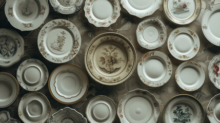 A symmetrical arrangement of antique ceramic plates displayed on a farmhouse-style dining room wall