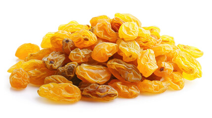 Pile of yellow raisins on white surface. Can be used for food and nutrition-related projects