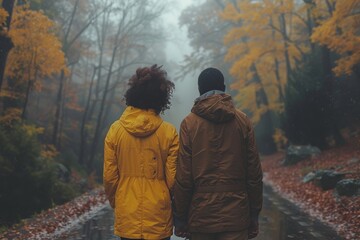 A couple embraces the serenity of nature as they stand amidst the foggy autumn forest, bundled up in their cozy jackets and coats, surrounded by towering trees with leaves of yellow and hints of wint