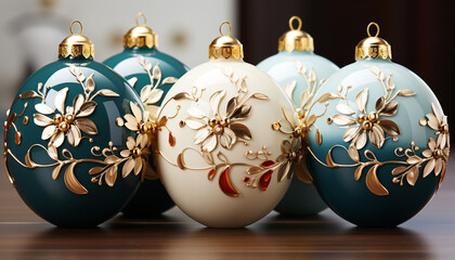 Christmas ornaments in gold, blue, and multi colored, decorating a tree generated by AI