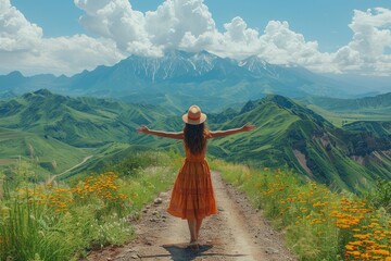 A free-spirited woman embraces the beauty of nature on a scenic hiking trail, surrounded by vibrant flowers and majestic mountains under a clear blue sky